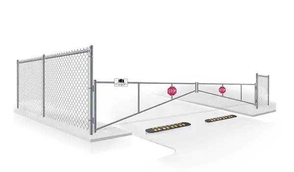 A frame barrier gate with chain link fence