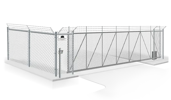 Automated chain link cantilver gate and fence with barbed wire