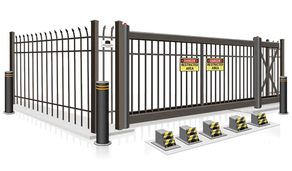 High security automated steel gate with anti-crash protection and bollards