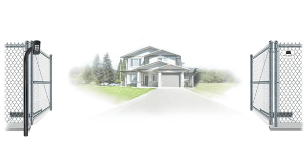 Chain Link swinging estate gate in open position