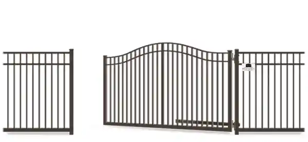 Metal swinging estate gate in open position