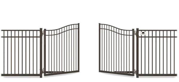 Metal swinging estate gate in open position