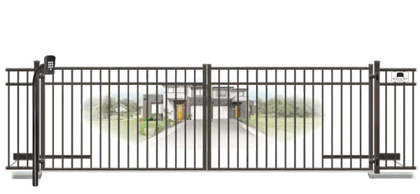 Metal swinging estate gate in closed position