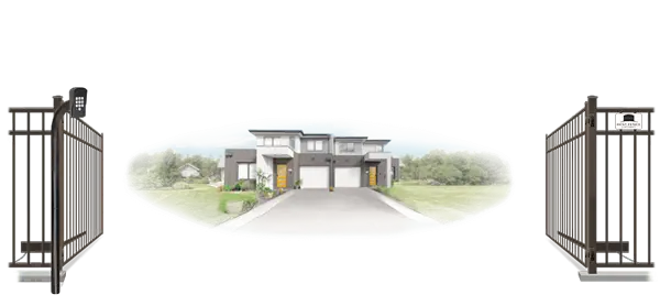 Metal swinging estate gate in open position