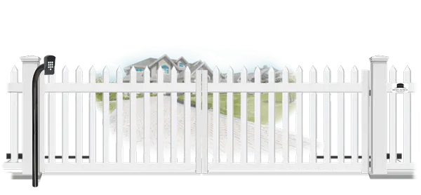 Vinyl swinging estate gate in closed position