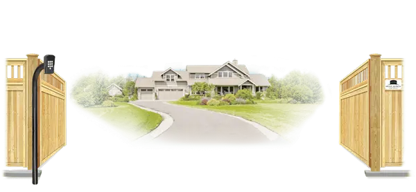 Wood swinging estate gate in open position